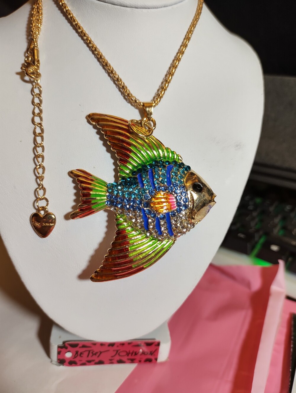 Betsey Johnson Gold Tone Fish Pendant Necklace with Blue & Green Enamel - Picture 2 of 3
